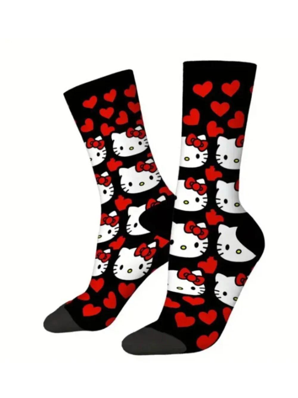 Hello Kitty & Red Hearts Mid-Calf Socks Cute Cartoon Cat Design One Size